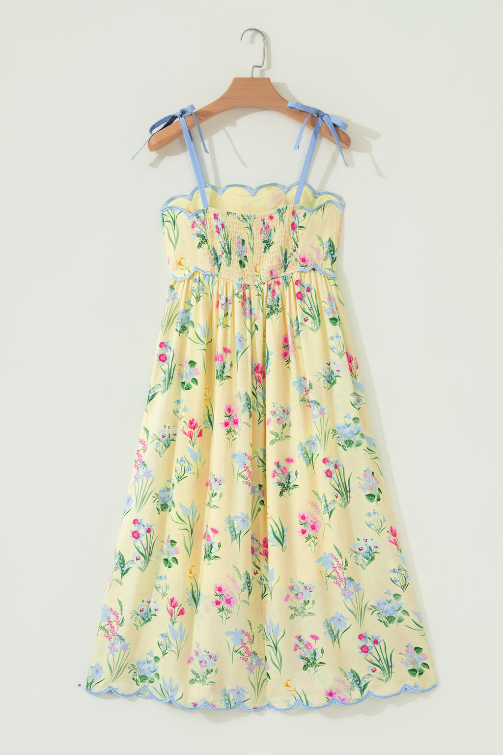 Pink Floral Print Contrast Trim Self-tie Straps High Waist Midi Dress