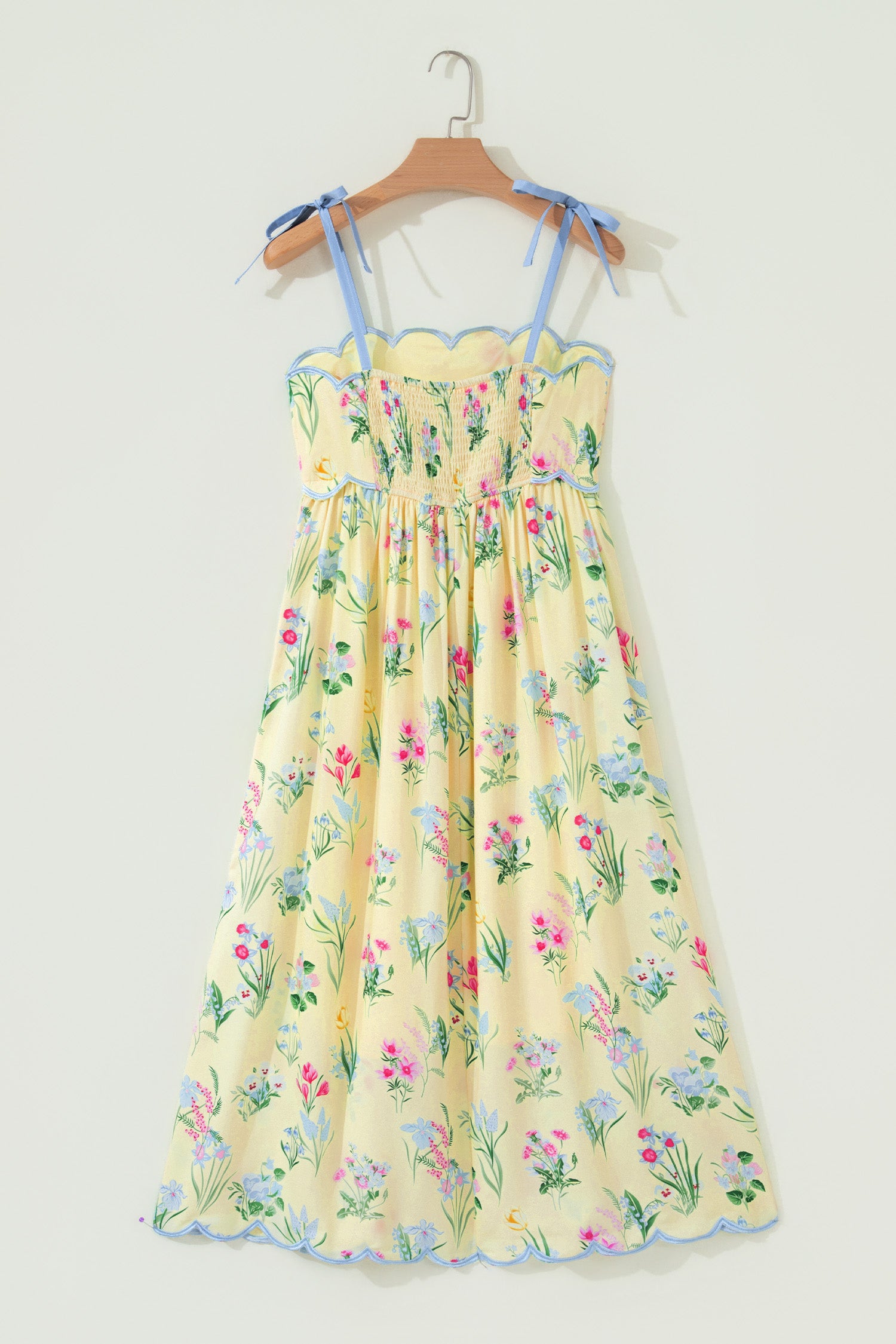 Pink Floral Print Contrast Trim Self-tie Straps High Waist Midi Dress