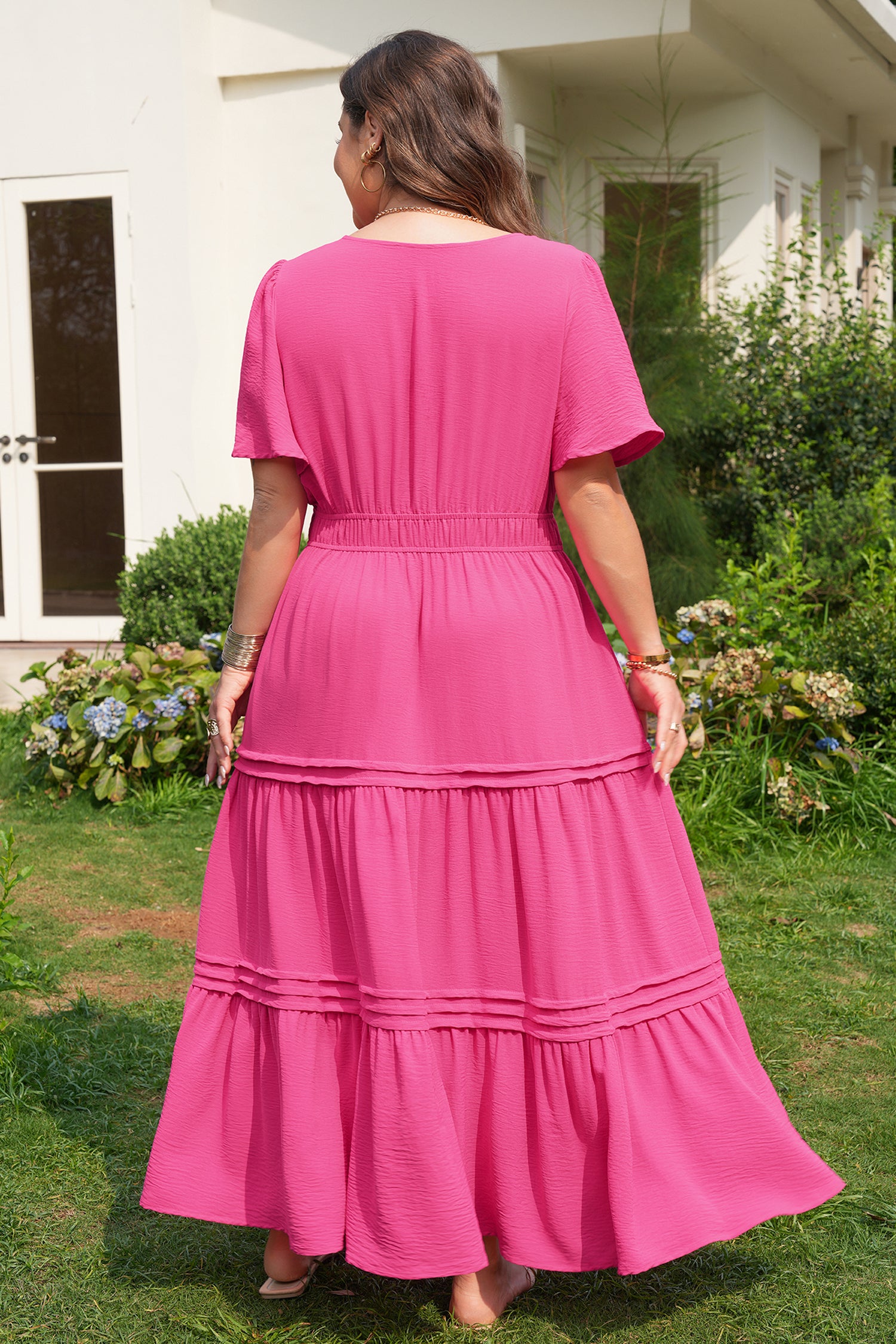 Pink Plus Size Split Neck Short Sleeve Flare Tiered Maxi Dress