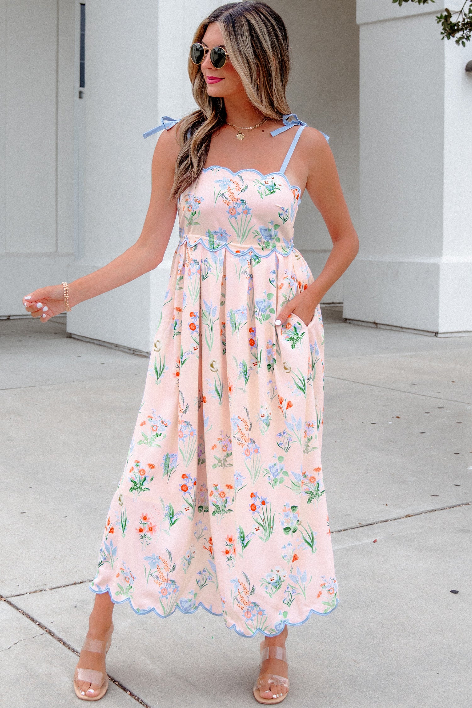Pink Floral Print Contrast Trim Self-tie Straps High Waist Midi Dress