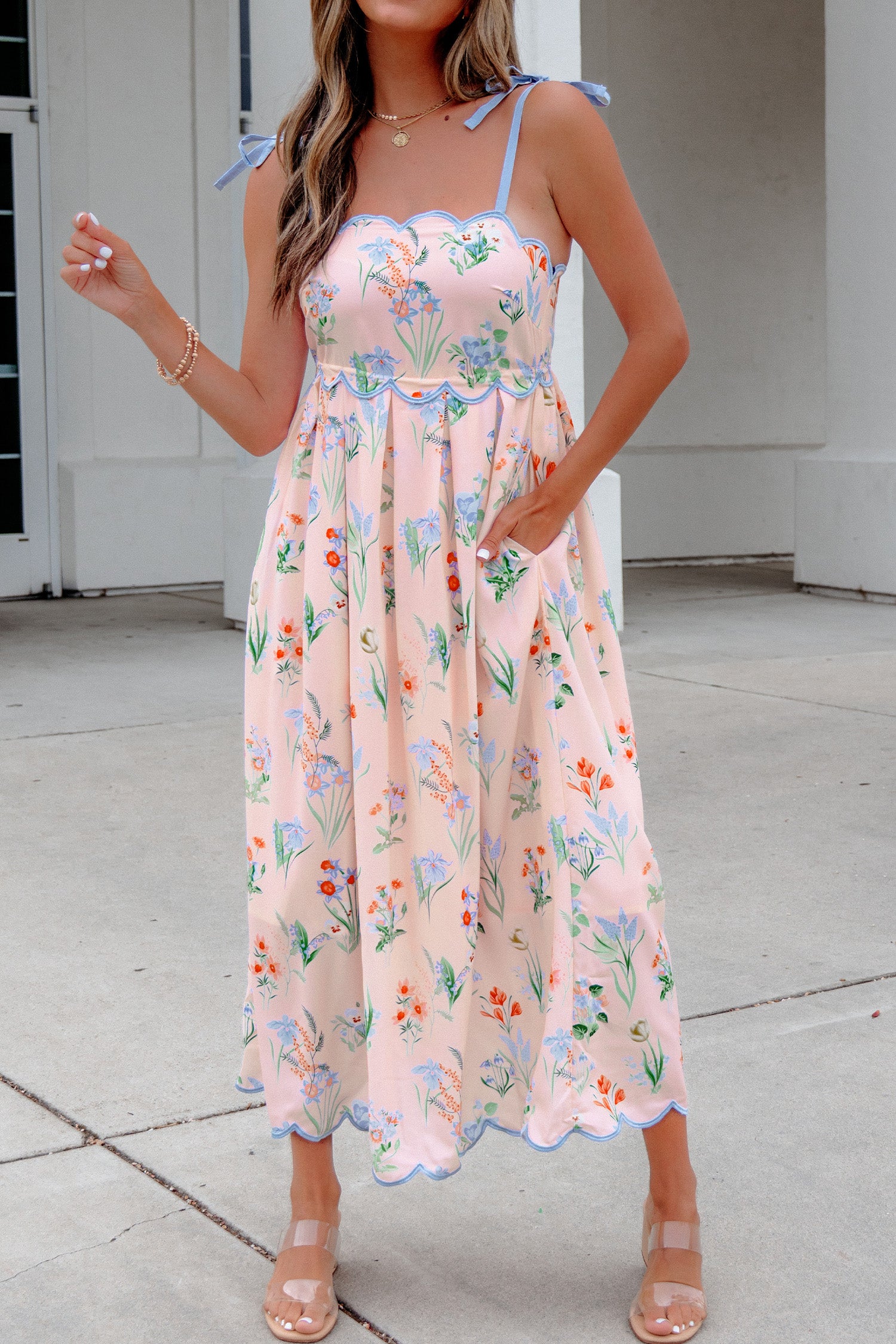 Pink Floral Print Contrast Trim Self-tie Straps High Waist Midi Dress