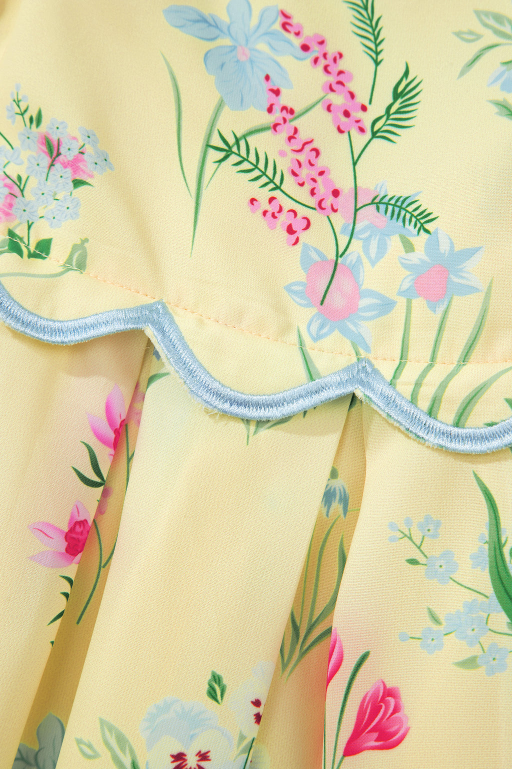 Pink Floral Print Contrast Trim Self-tie Straps High Waist Midi Dress