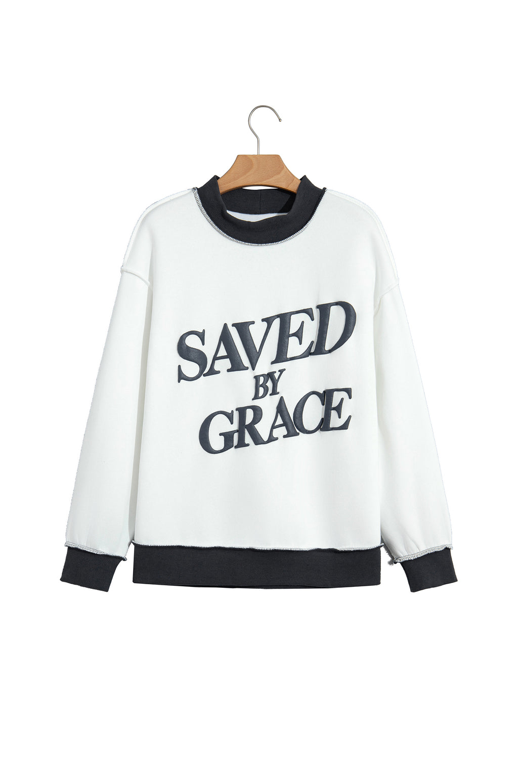 Coffee Saved By Grace Print Color Block Mock Neck Oversized Sweatshirt
