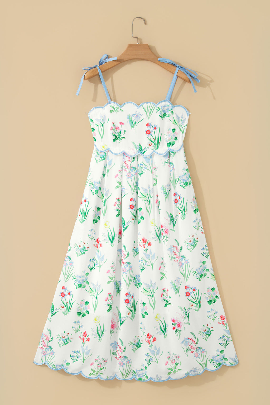 Pink Floral Print Contrast Trim Self-tie Straps High Waist Midi Dress