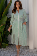 Green Stripe V Neck Zip Front Cinched High Waist Midi Dress