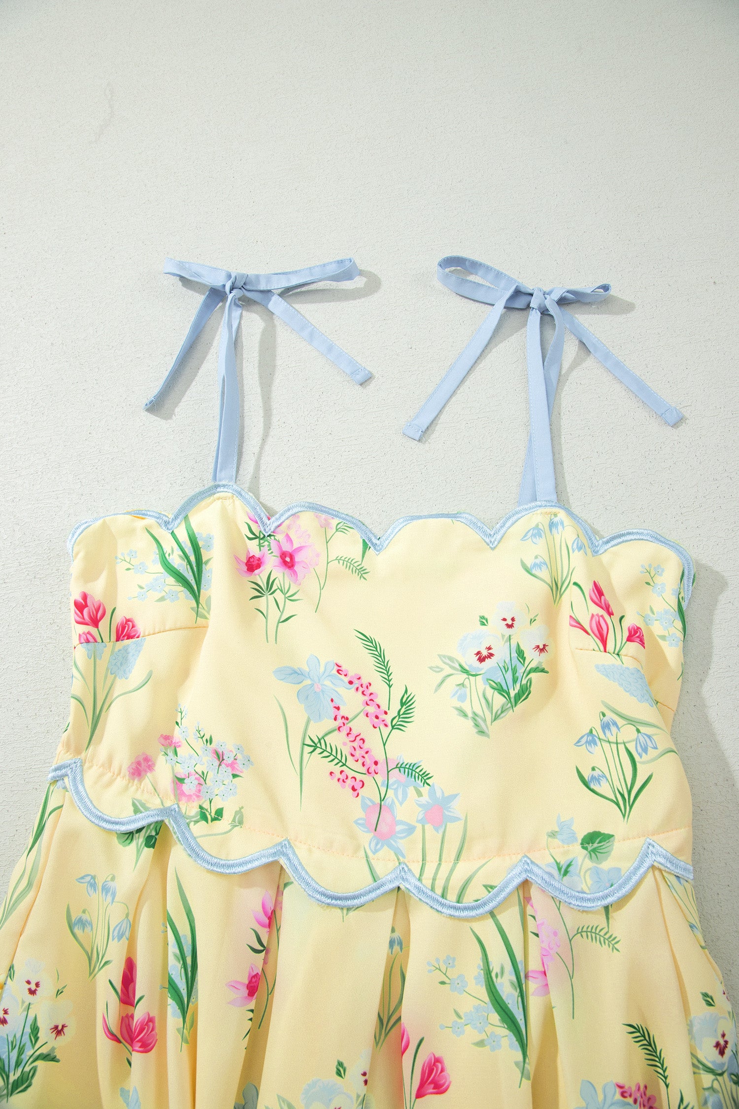 Pink Floral Print Contrast Trim Self-tie Straps High Waist Midi Dress