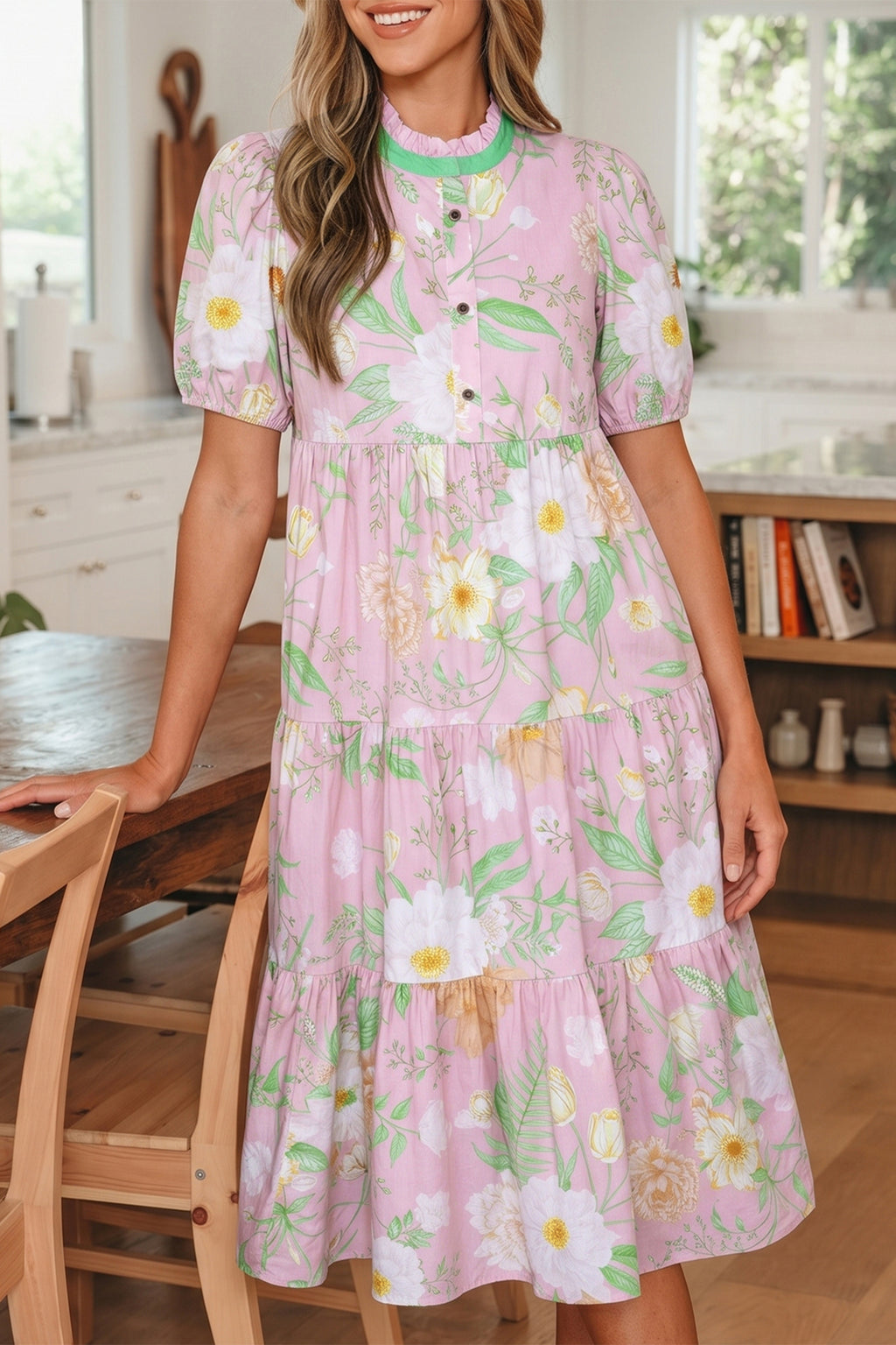Pink Floral Print Short Puff Sleeve High Waist Tiered Maxi Dress