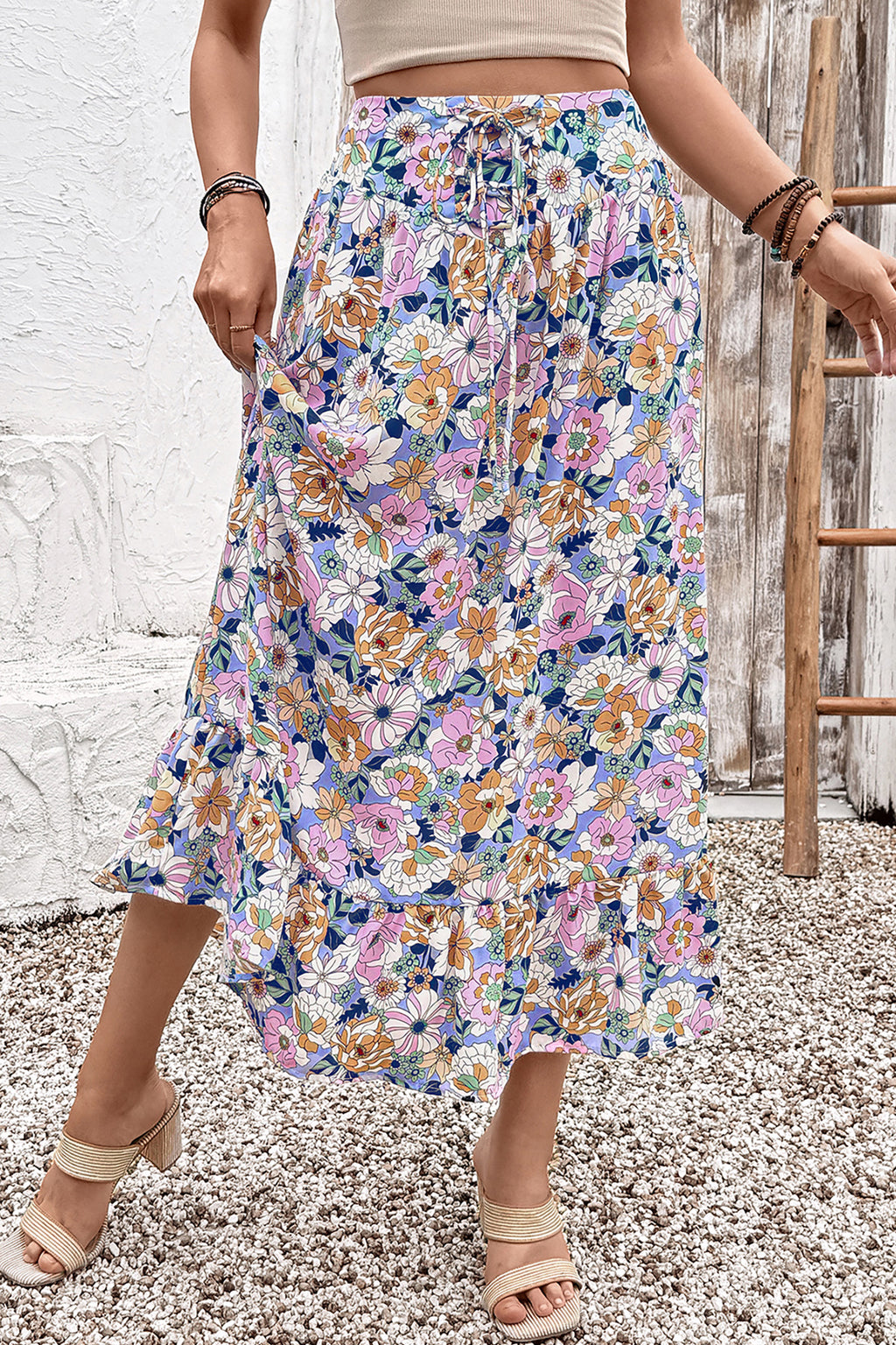 Pink Floral Print Lace-up High Waist Ruffle Hem Maxi Skirt