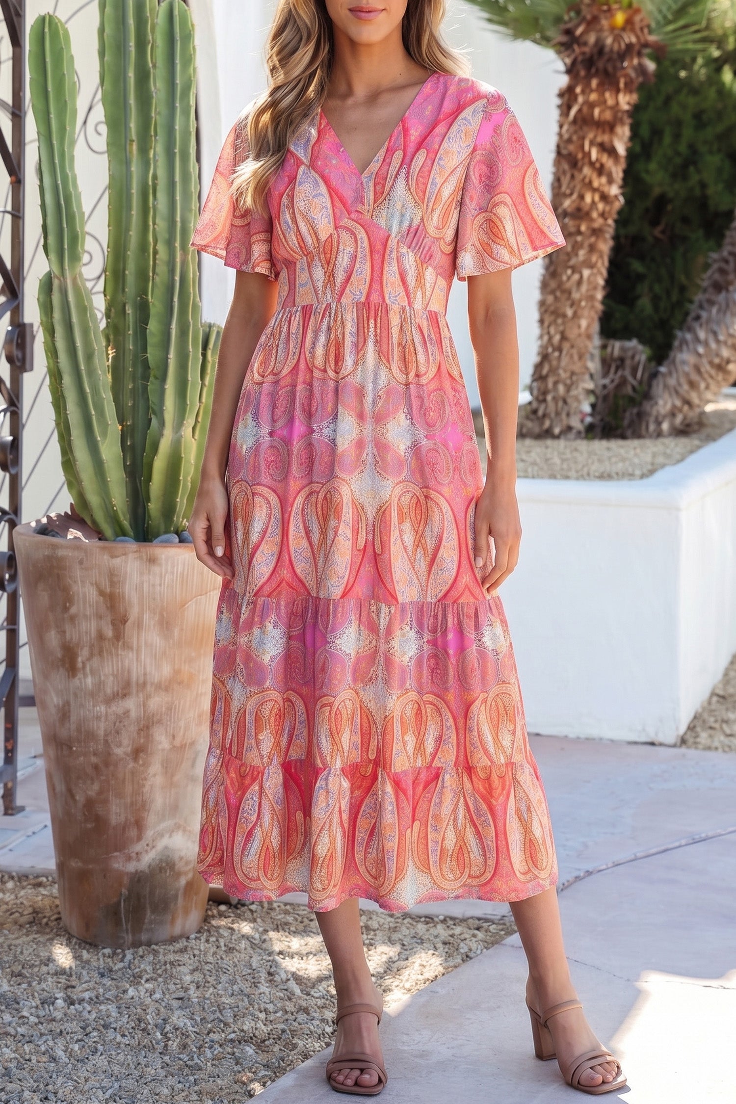 Multicolour Paisley Print V-Neck Short Sleeve Boho Maxi Dress with Ruffle Details