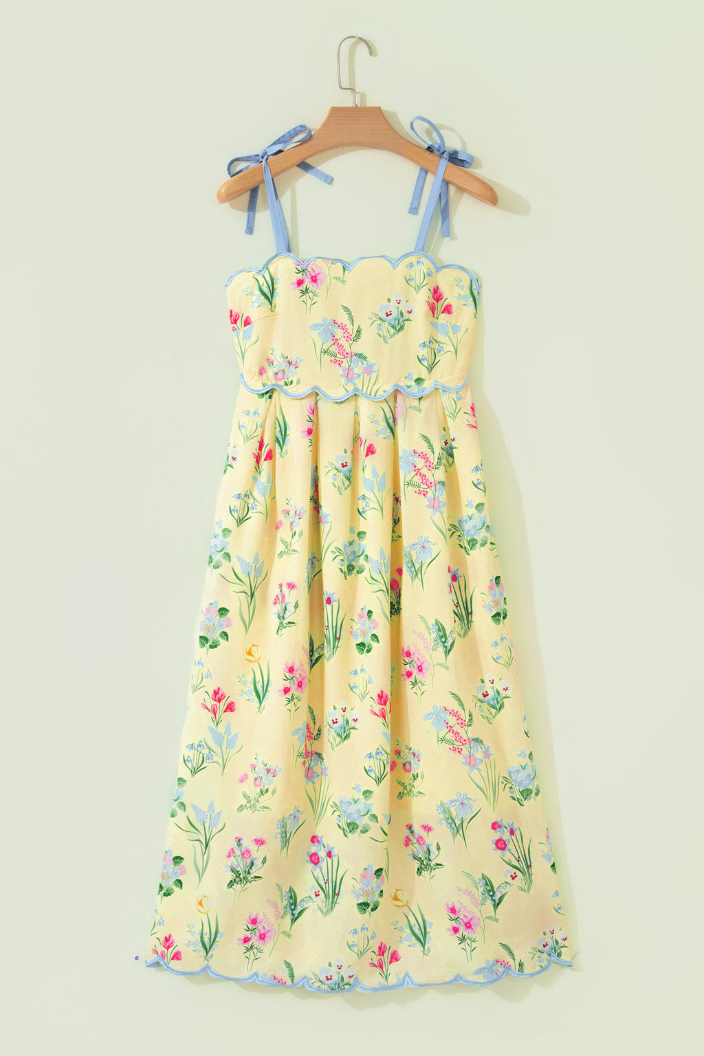 Pink Floral Print Contrast Trim Self-tie Straps High Waist Midi Dress