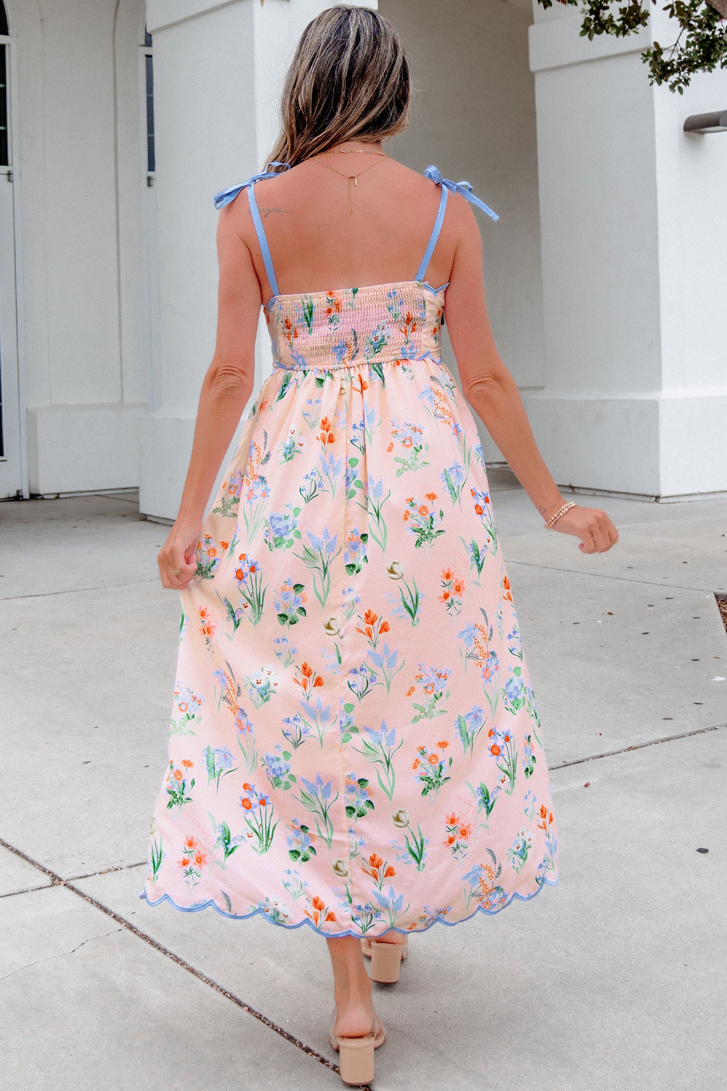 Pink Floral Print Contrast Trim Self-tie Straps High Waist Midi Dress