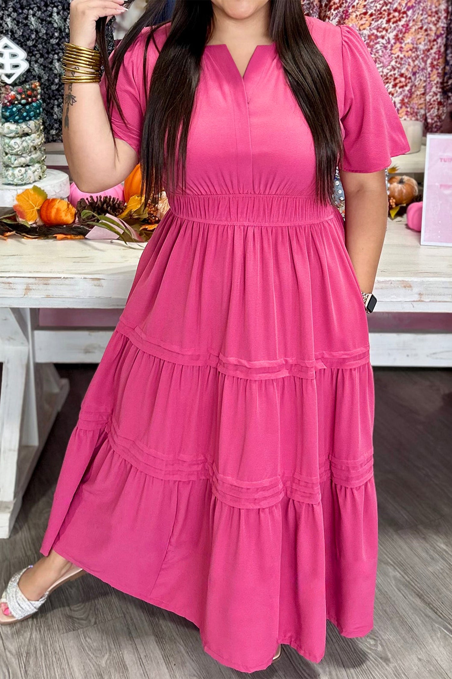 Pink Plus Size Split Neck Short Sleeve Flare Tiered Maxi Dress