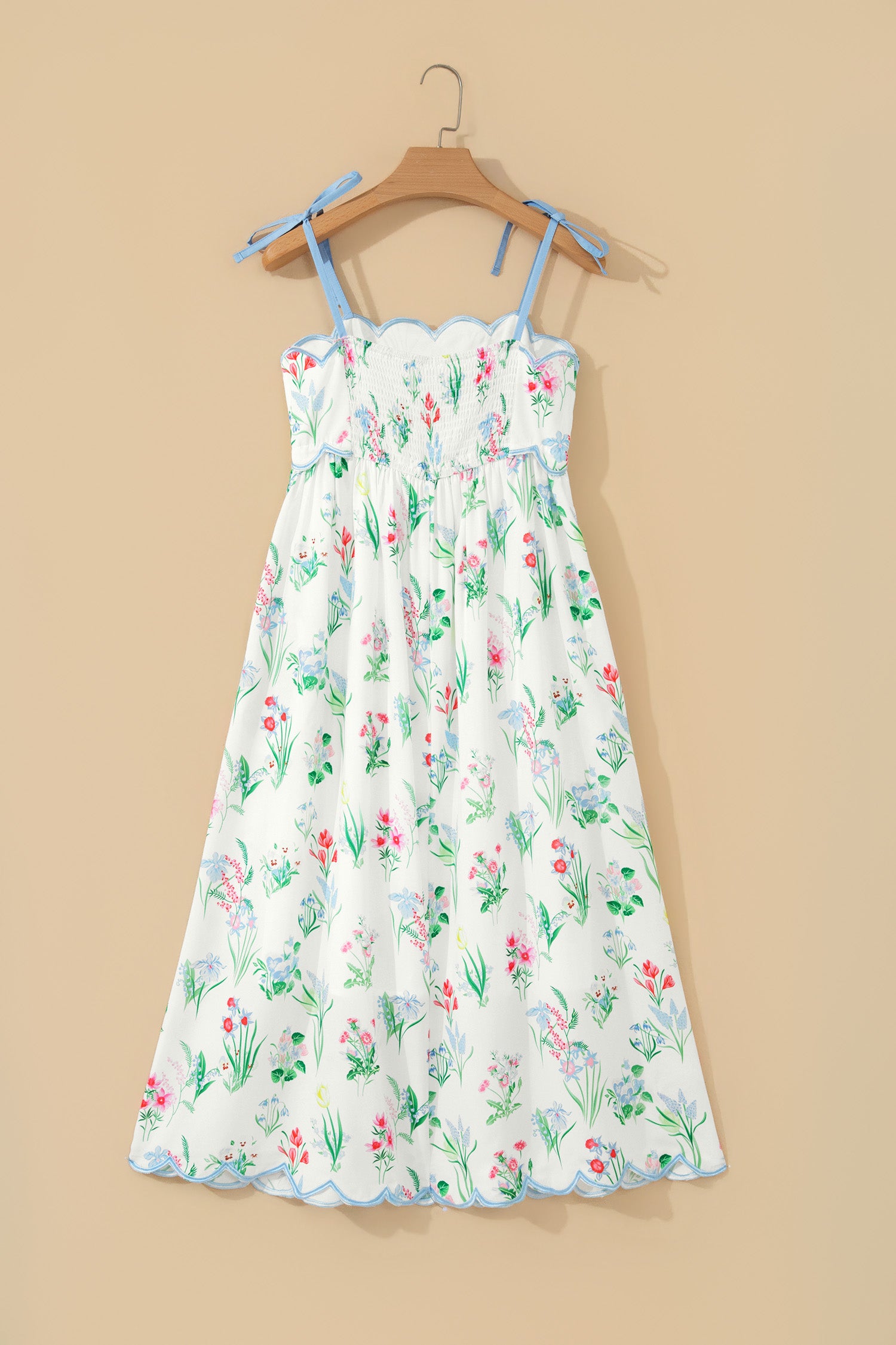 Pink Floral Print Contrast Trim Self-tie Straps High Waist Midi Dress