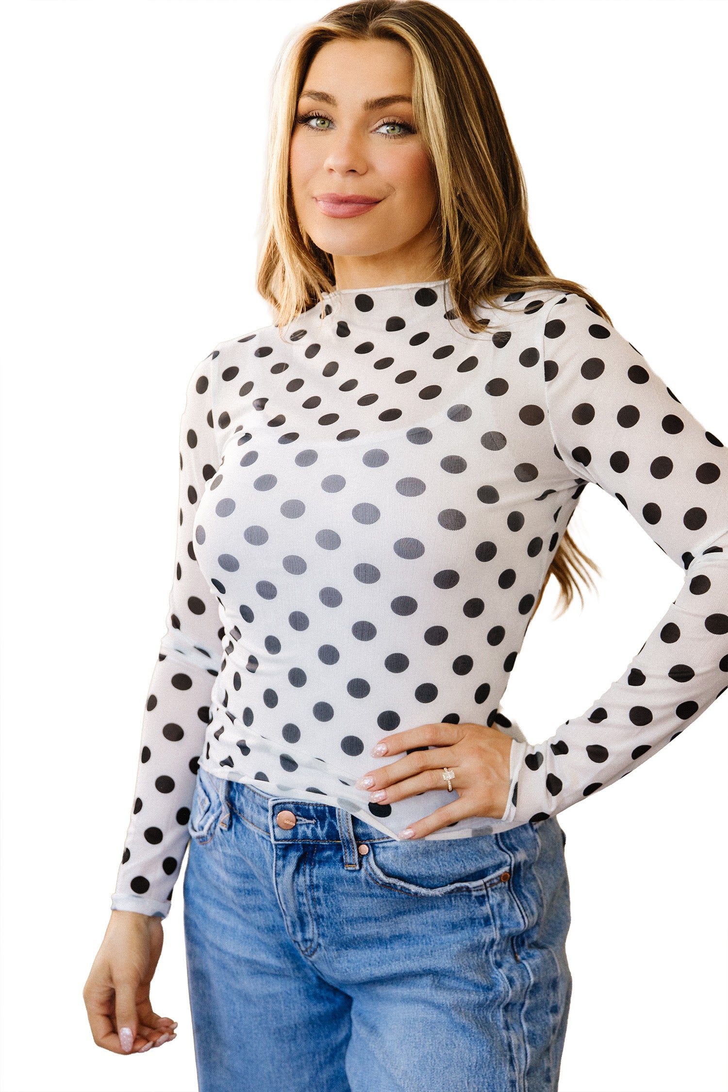 White Polka Dot Sheer Long Sleeve Round Neck Slim Top