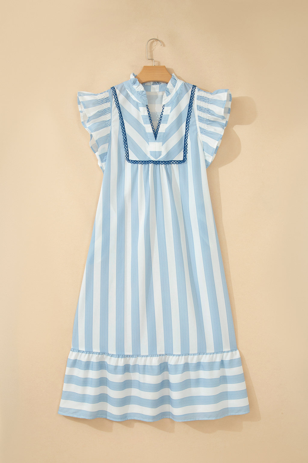 Sky Blue Stripe Subtle Lace Detail V Neck Ruffle Trim Casual Dress