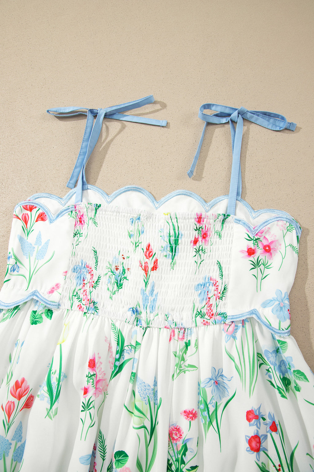 Pink Floral Print Contrast Trim Self-tie Straps High Waist Midi Dress