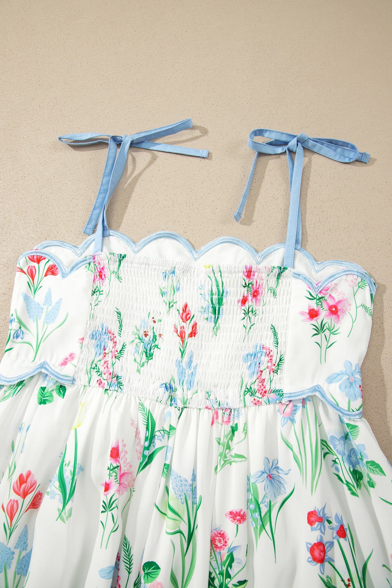 Pink Floral Print Contrast Trim Self-tie Straps High Waist Midi Dress