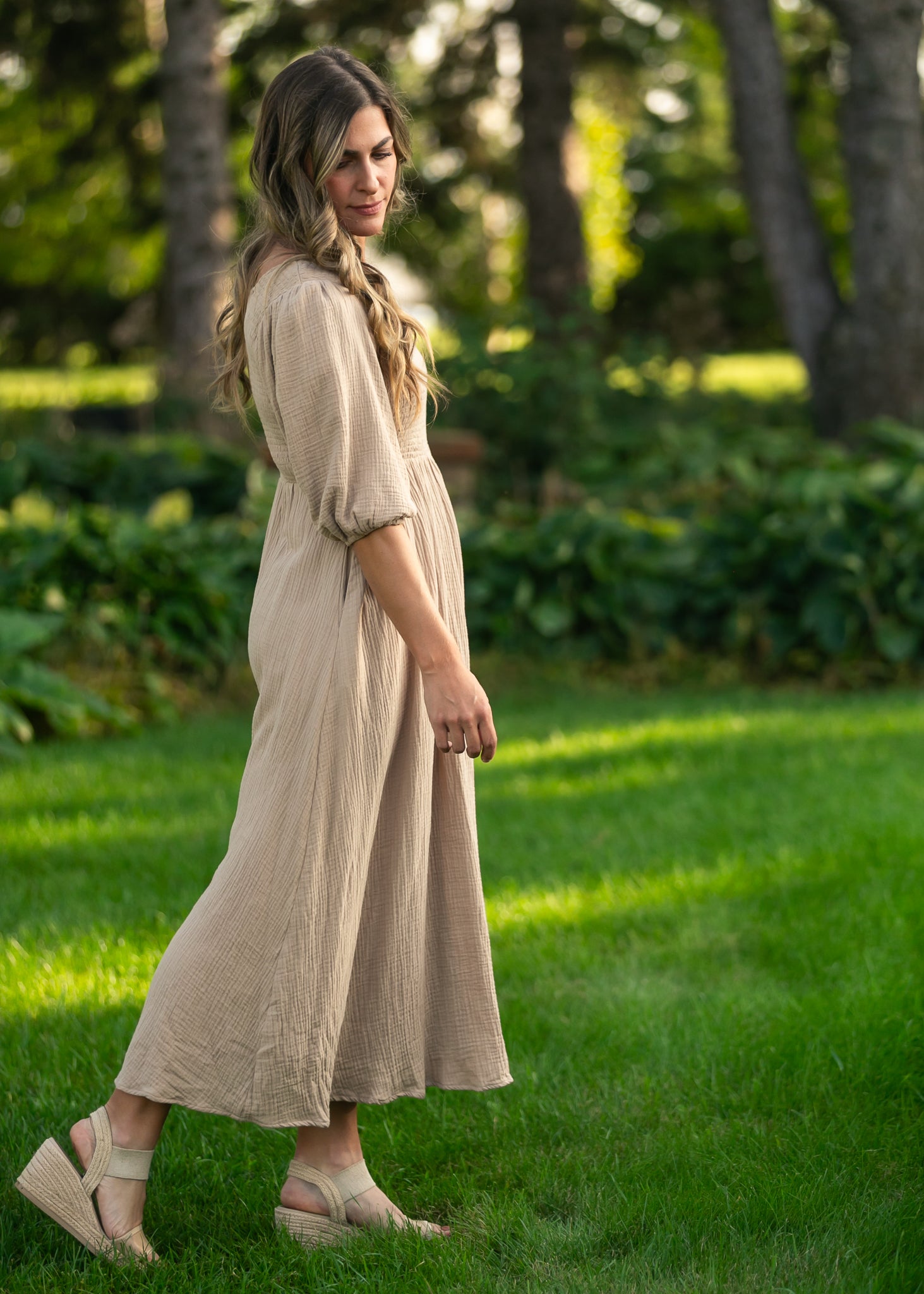 Kayleen Tan Smocked Bodice Gauze Dress